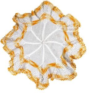 Handmade Crochet Doily Tablecloth Runner White Orange Starburst Lace Accent